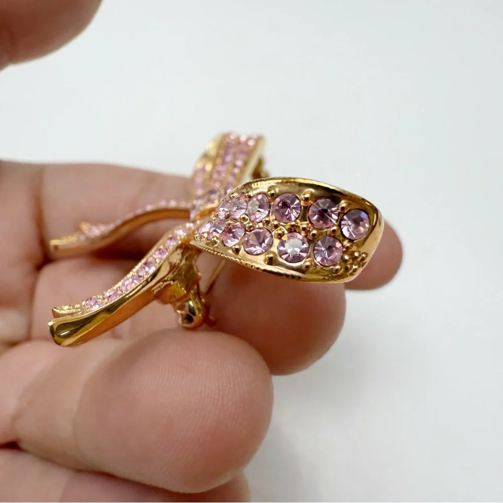 Kenneth Jay Lane KJL Pink Rhinestone Ribbon Bow Goldtone Brooch Pin